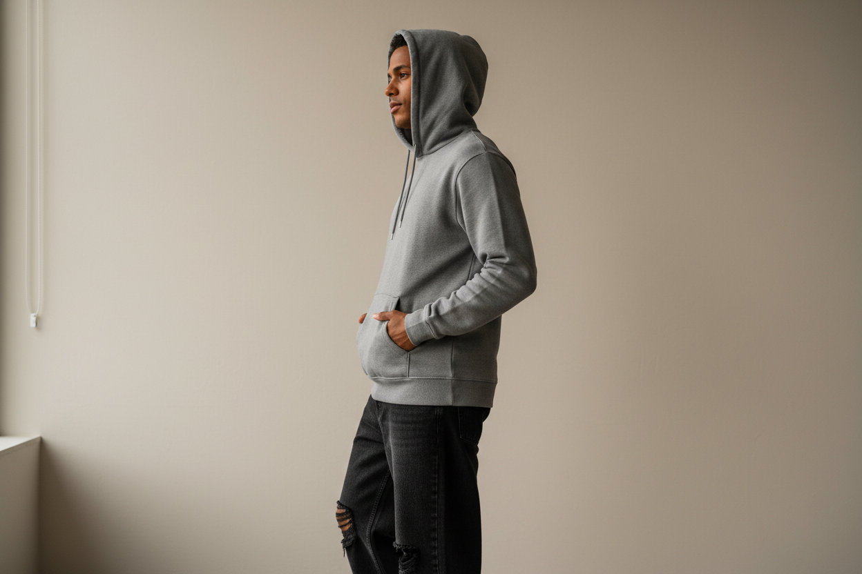 alguien posando con un hoodie puesto de perfil